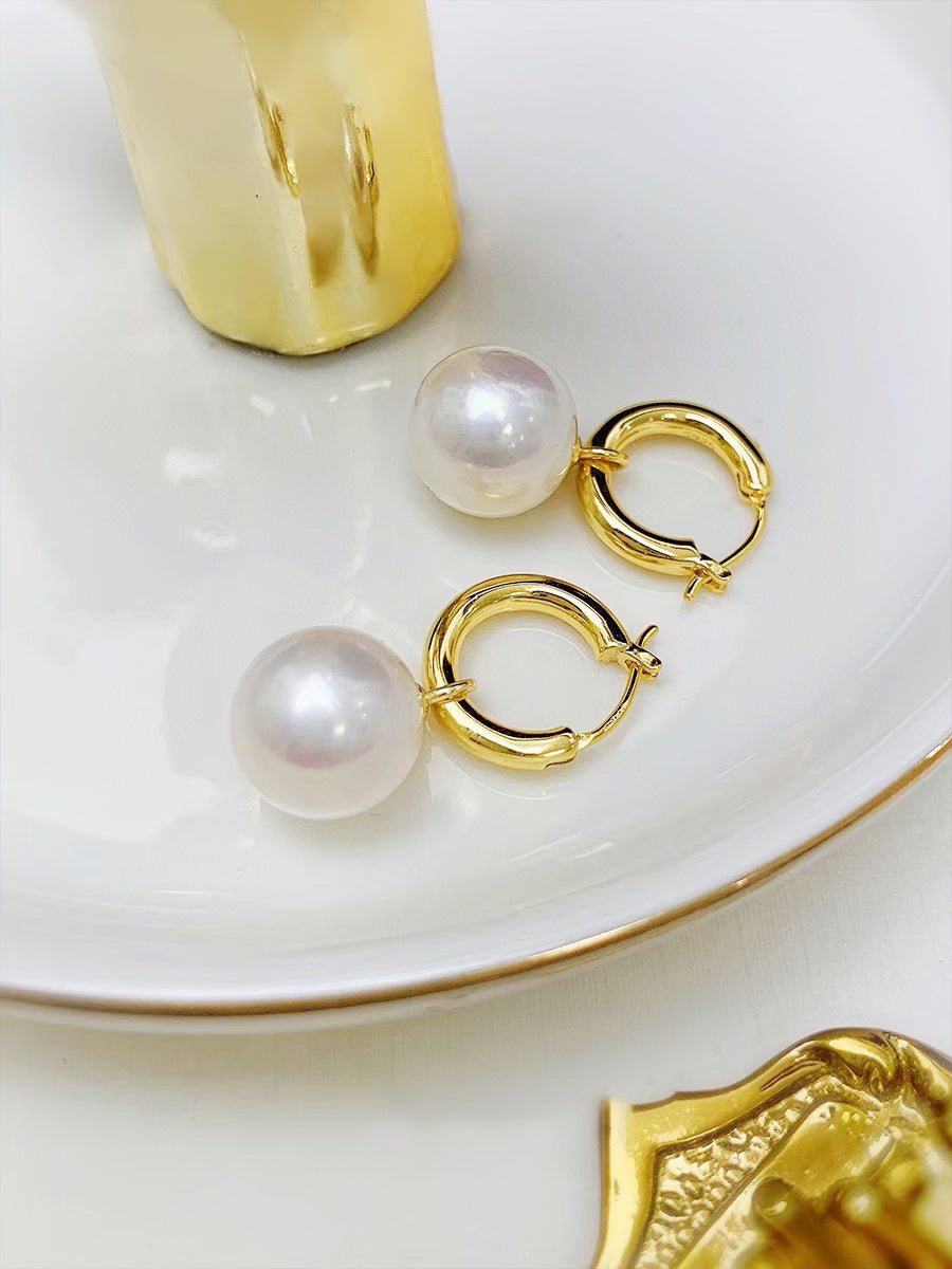 18k Gold Hoop Earrings with Pearl Pendants