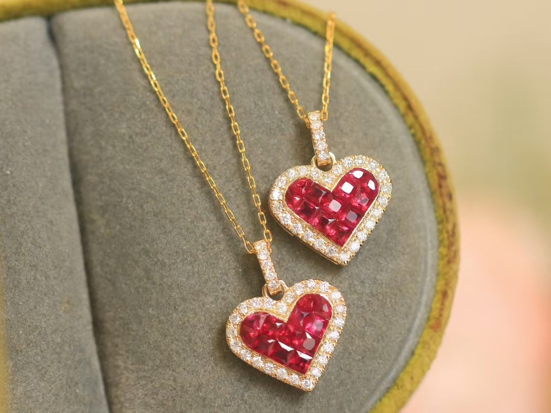 18k Gold Heart Necklace with Natural Diamonds and Rubies