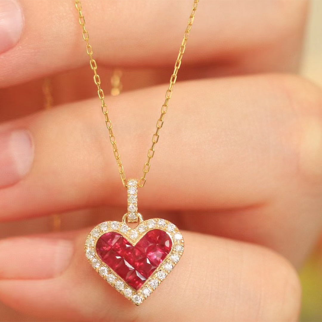 18k Gold Heart Necklace with Natural Diamonds and Rubies