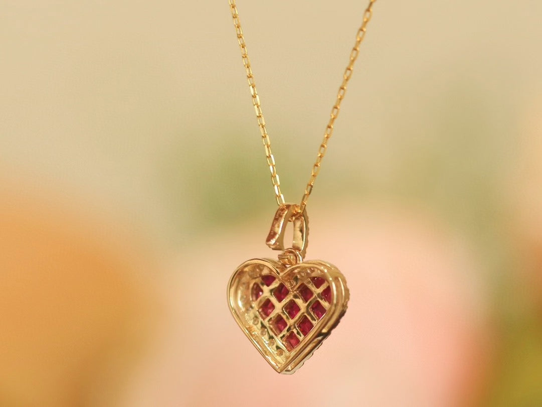 18k Gold Heart Necklace with Natural Diamonds and Rubies