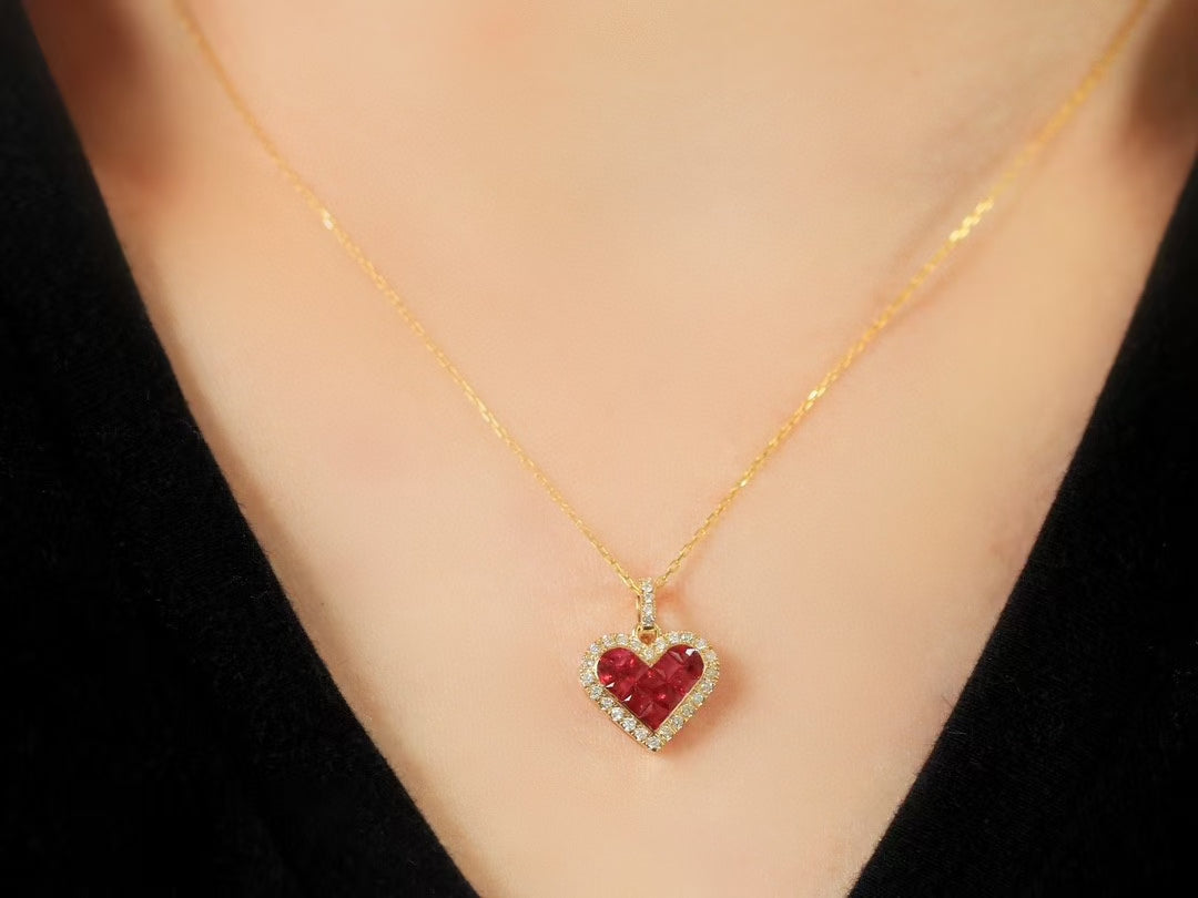 18k Gold Heart Necklace with Natural Diamonds and Rubies