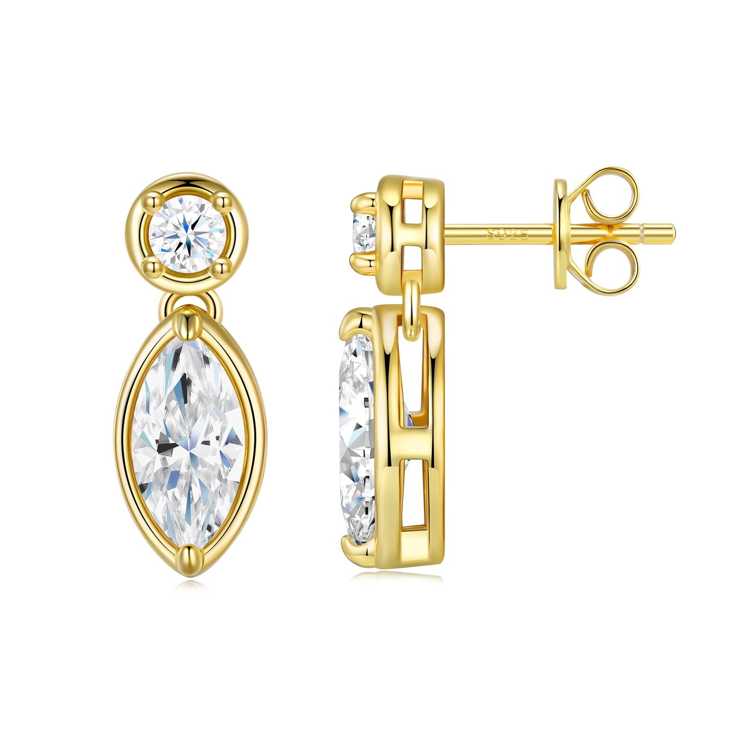 Twostone Moissanite Dangling Earstuds in 18k Gold covered 925 Silver