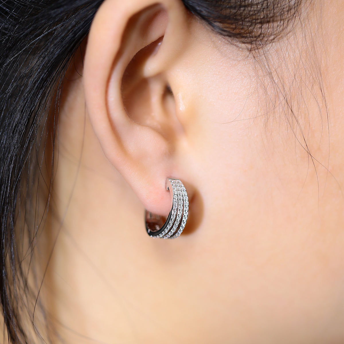Triple Hoop Earrings in 18k Gold covered 925 Silver with Moissanites