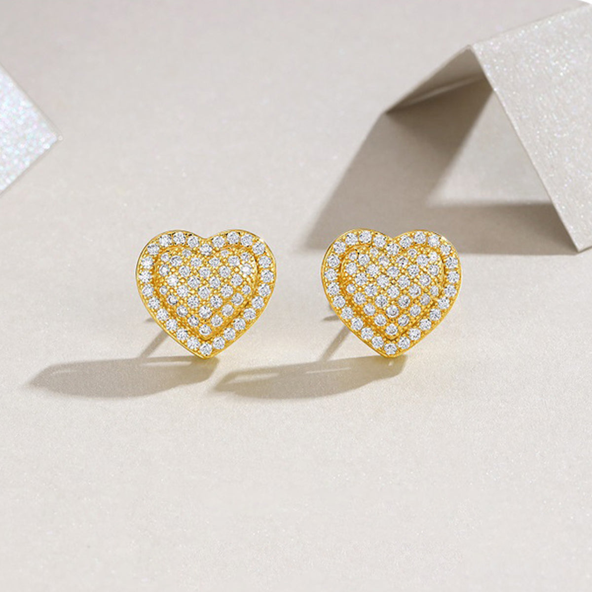 Moissanite encrusted Heart Earstuds in 18k Gold covered 925 Silver