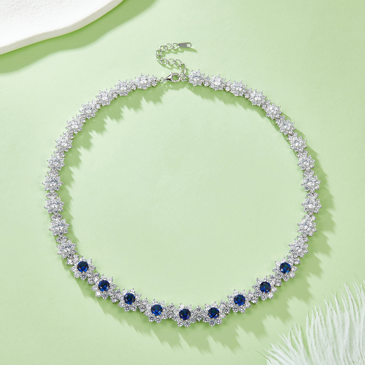 925 Silver Necklace with Lab-Created Sapphires and Moissanites