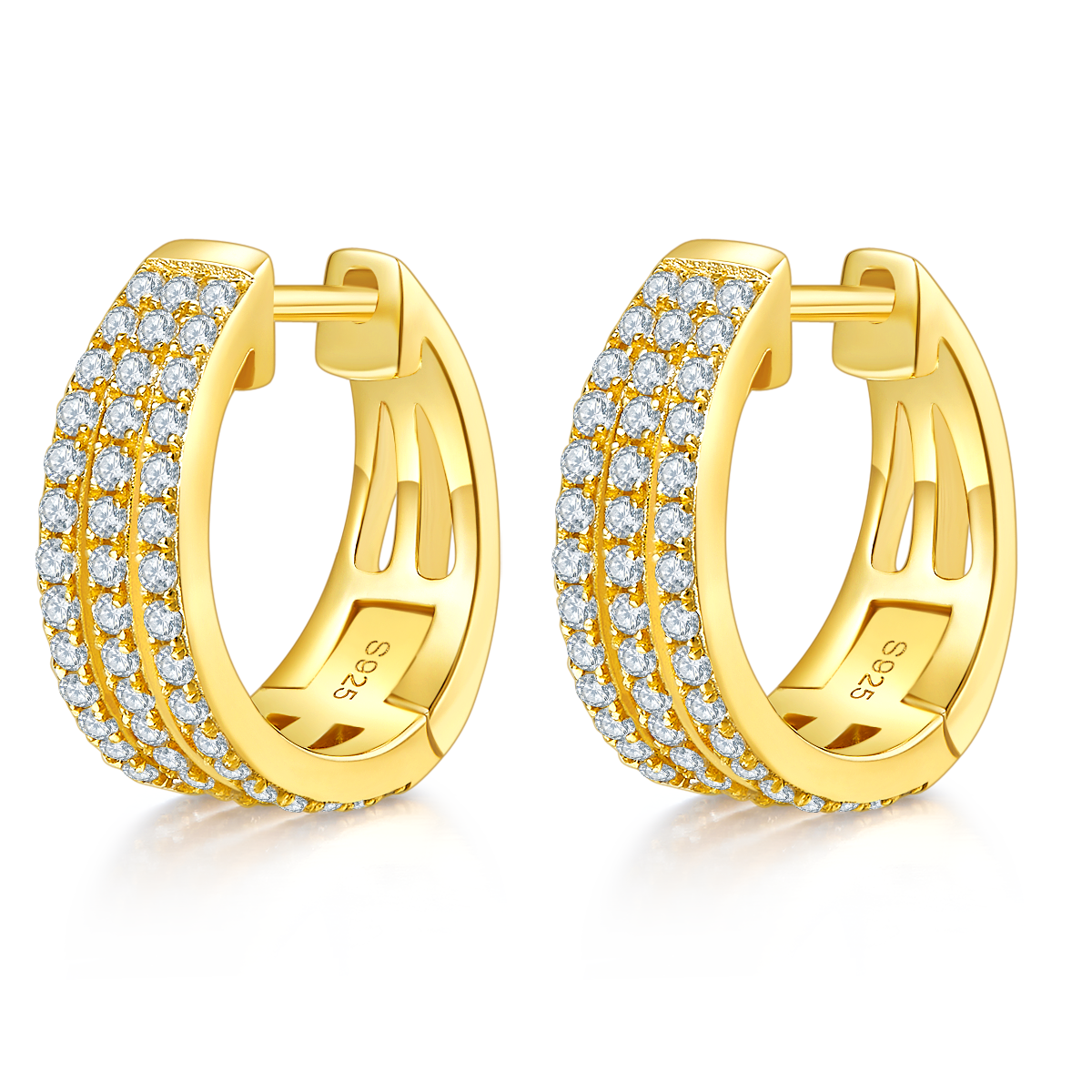 Triple Hoop Earrings in 18k Gold covered 925 Silver with Moissanites