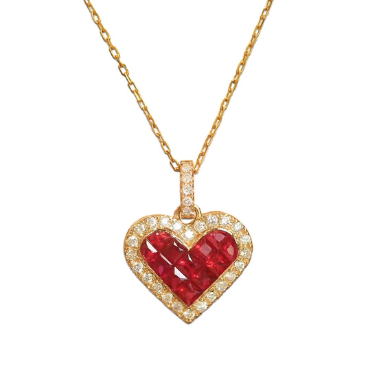 18k Gold Heart Necklace with Natural Diamonds and Rubies